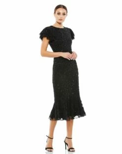 FLOUNCE SLEEVE MIDI DRESS -Women's Skirt 10771 BLK 1 WS