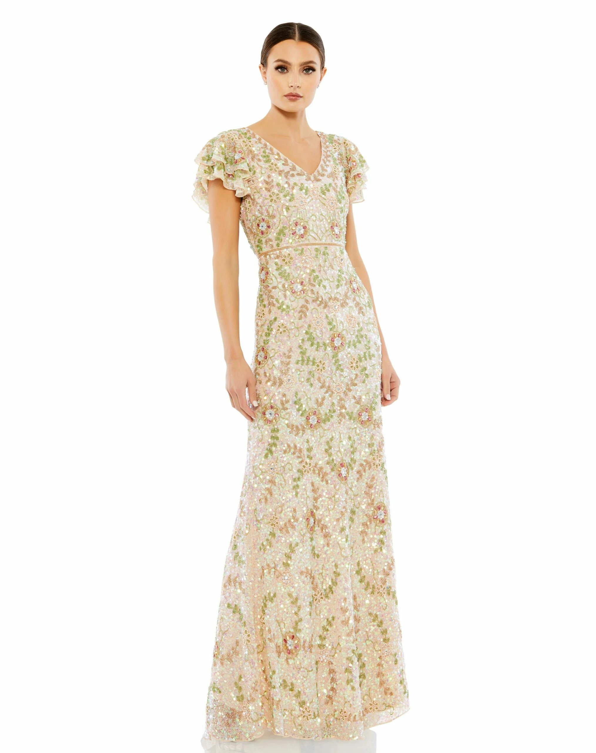 Embellished Ruffled Cap Sleeve V Neck Gown 3 Embellished Ruffled Cap Sleeve V Neck Gown