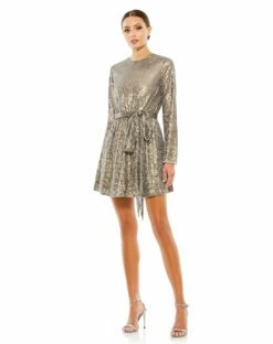 Sequin Embellish Long Sleeve High Neck Mini Dress