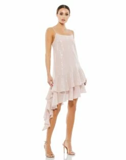 Sequined Ruffled Asymmetrical Hem Sleeveless Dress