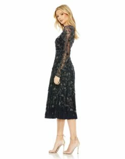 Beaded Illusion High Neck Long Sleeve A Line Gown -Women's Skirt 10799 Navy AS