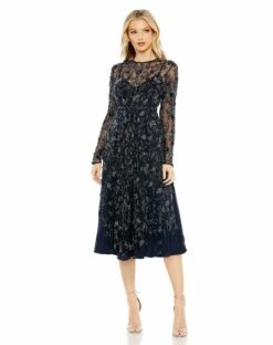 Beaded Illusion High Neck Long Sleeve A Line Gown