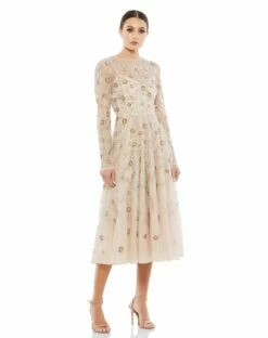 Beaded Illusion High Neck Long Sleeve A Line Gown -Women's Skirt 10799 NUD 1 WS