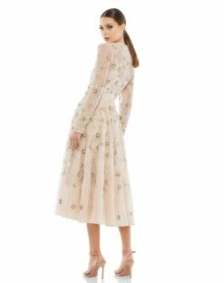 Beaded Illusion High Neck Long Sleeve A Line Gown -Women's Skirt 10799 NUD 2 WS