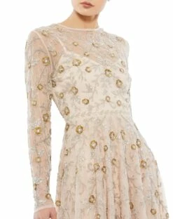 Beaded Illusion High Neck Long Sleeve A Line Gown -Women's Skirt 10799 NUD 3 WS