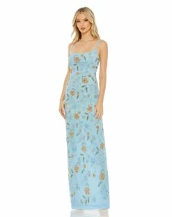 Hand Beaded Floral Gown With Beaded Spaghetti Straps