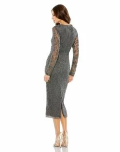 Beaded Tea Length Dress W/ Sheer Sleeves -Women's Skirt 10812 Charcoal BK