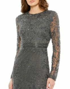 Beaded Tea Length Dress W/ Sheer Sleeves -Women's Skirt 10812 Charcoal CL