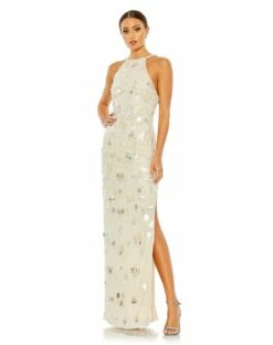 Crystal Embellished Cascade Open Back Column Gown