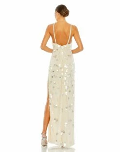 Crystal Embellished Cascade Open Back Column Gown -Women's Skirt 10878 Porcelain BK