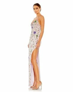 Embellished Lace Sleeveless V Neck Gown -Women's Skirt 10893 LilacMulti AS