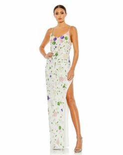 Embellished Lace Sleeveless V Neck Gown -Women's Skirt 10893 WhiteMulti AB