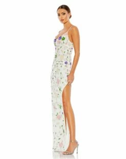 Embellished Lace Sleeveless V Neck Gown -Women's Skirt 10893 WhiteMulti AS