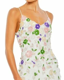 Embellished Lace Sleeveless V Neck Gown -Women's Skirt 10893 WhiteMulti CL