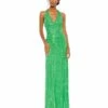 Sequined Halter Strap V Neck Column Gown -Women's Skirt 10898 SpringGreen AB