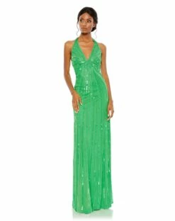 Sequined Halter Strap V Neck Column Gown