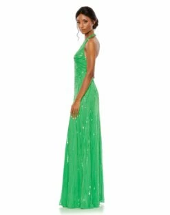 Sequined Halter Strap V Neck Column Gown -Women's Skirt 10898 SpringGreen AS