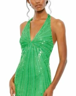 Sequined Halter Strap V Neck Column Gown -Women's Skirt 10898 SpringGreen CL