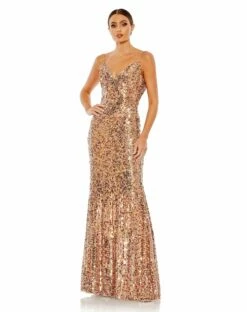 Sequined Spaghetti Strap Cowl Back Gown