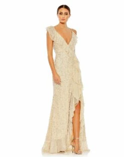 Embellished Ruffled Faux Wrap Sleeveless Gown
