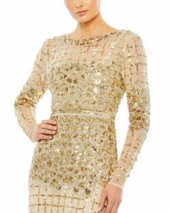 Embellished Illusion High Neck Long Sleeve Gown -Women's Skirt 10951 Gold CL