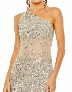 One Shoulder Sheer Hand Beaded Mini Dress -Women's Skirt 10977 Nude CL