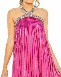 High Neck Open Back Embellished Trapeze Dress -Women's Skirt 10996 HotPink CL