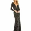 Embellished Long Sleeve Plunge Trumpet Gown