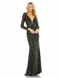 Embellished Long Sleeve Plunge Trumpet Gown