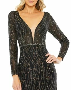 Embellished Long Sleeve Plunge Trumpet Gown -Women's Skirt 11159 BlackMulti CL