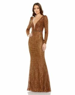 Embellished Long Sleeve Plunge Trumpet Gown -Women's Skirt 11159 Bronze AB