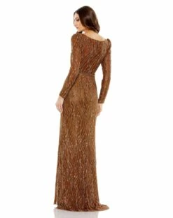 Embellished Long Sleeve Plunge Trumpet Gown -Women's Skirt 11159 Bronze BK