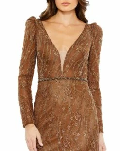 Embellished Long Sleeve Plunge Trumpet Gown -Women's Skirt 11159 Bronze CL