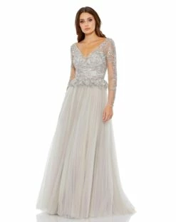 Lace Illusion Long Sleeve Sweetheart Neck Gown -Women's Skirt 11168 Silver AB