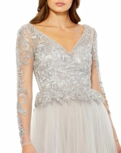 Lace Illusion Long Sleeve Sweetheart Neck Gown -Women's Skirt 11168 Silver CL