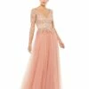 Lace Illusion Long Sleeve Sweetheart Neck Gown -Women's Skirt 11168D RoseGold AB