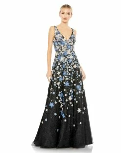 Floral Applique Sleeveless A-Line Evening Gown