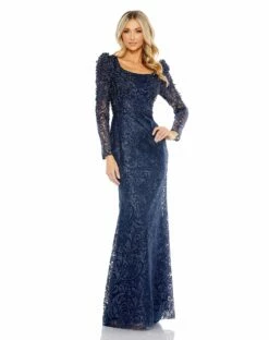 Embroidered Applique Shoulder Detail Trumpet Gown -Women's Skirt 11187 Midnight AB