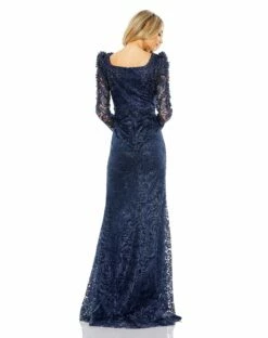 Embroidered Applique Shoulder Detail Trumpet Gown -Women's Skirt 11187 Midnight BK