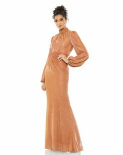 Draped Glitter Fabric High Neck Puff Sleeve Trumpet