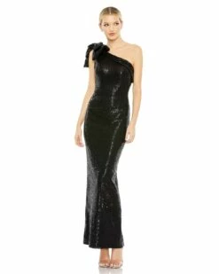 Sequined Bow One Shoulder Column Gown
