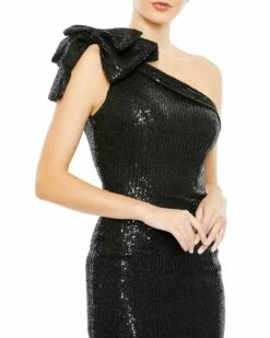 Sequined Bow One Shoulder Column Gown -Women's Skirt 11283 Black CL