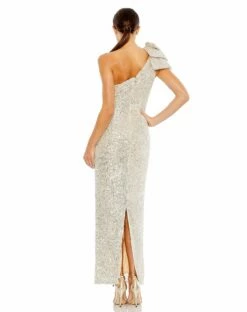 Sequined Bow One Shoulder Column Gown -Women's Skirt 11283 Nude BK