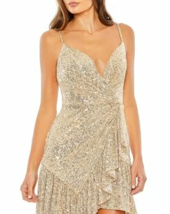Sequined Faux Wrap Ruffled Hem Mini Dress -Women's Skirt 11290 Champagne CL