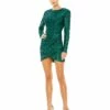Sequined Long Sleeve Open Back Ruched Dress -Women's Skirt 11291 Emerald AB
