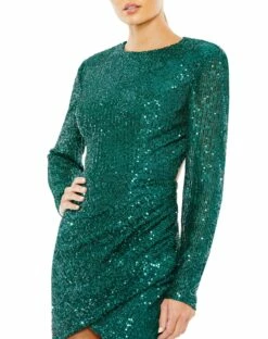 Sequined Long Sleeve Open Back Ruched Dress -Women's Skirt 11291 Emerald CL