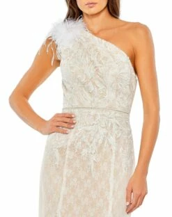 Lace Embellished Feathered One Shoulder Gown -Women's Skirt 11317 Ivory CL