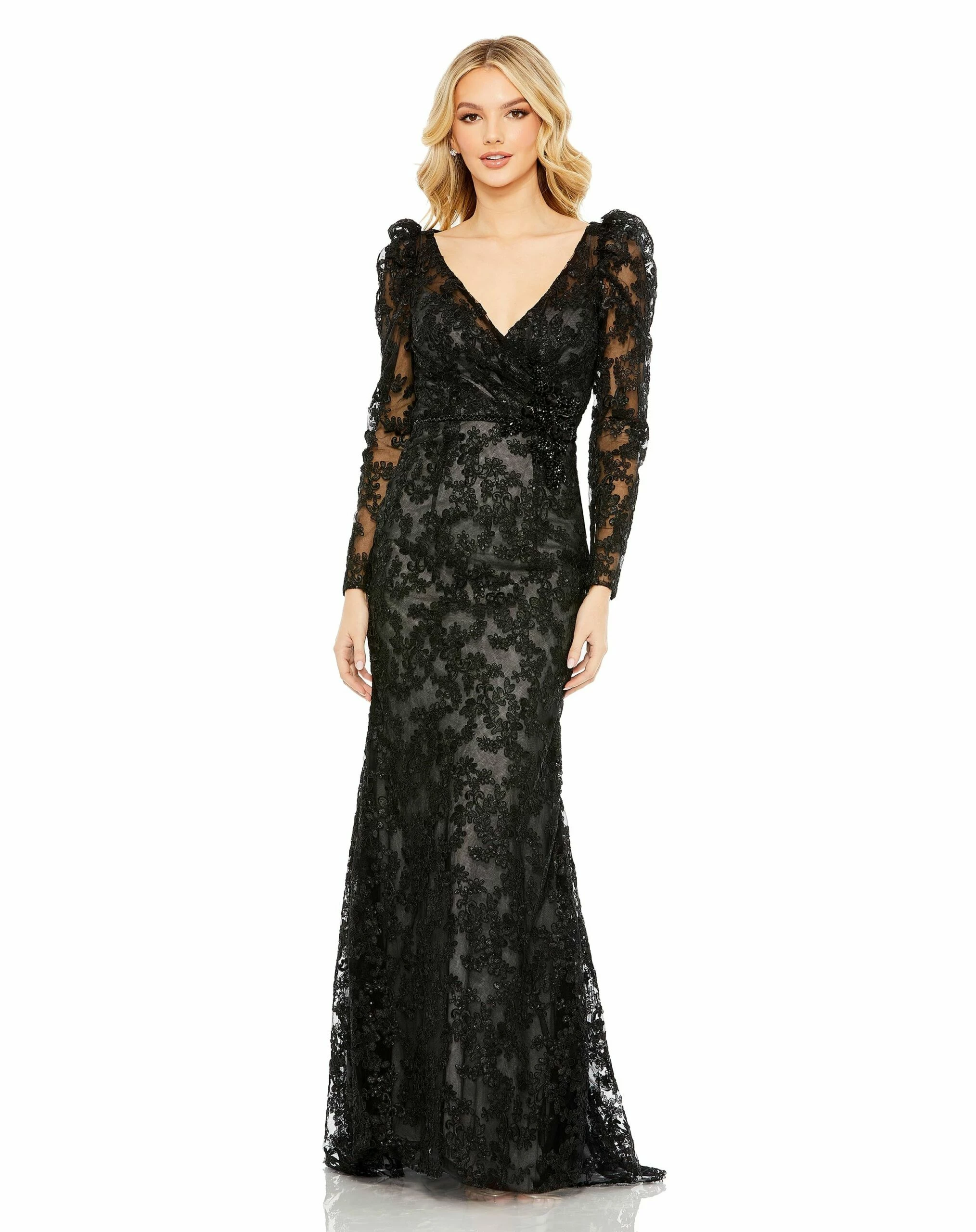 Embroidered Lace Puff Sleeve Wrap Over Gown 3 Embroidered Lace Puff Sleeve Wrap Over Gown
