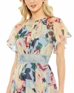 Floral Chiffon High Neck Flutter Sleeve Dress -Women's Skirt 11400 BLM 3 WS