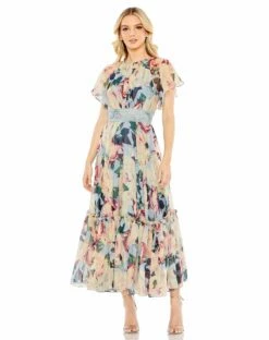 Floral Chiffon High Neck Flutter Sleeve Dress